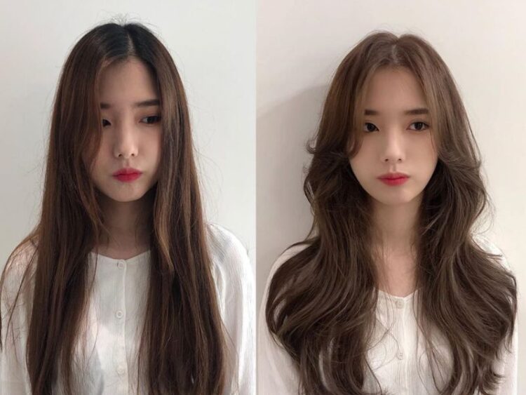 cô gái trước và sau khi làm tóc mái bay