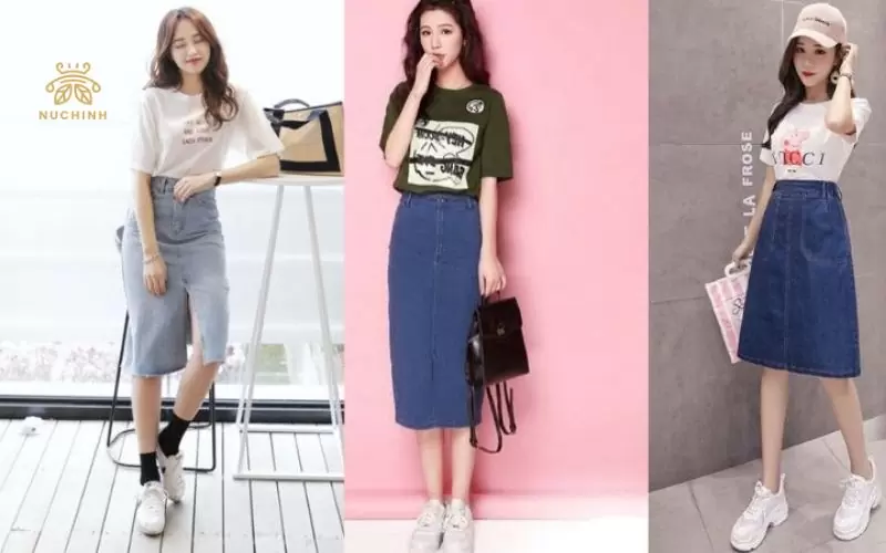 chân váy bò dài mặc với áo gì