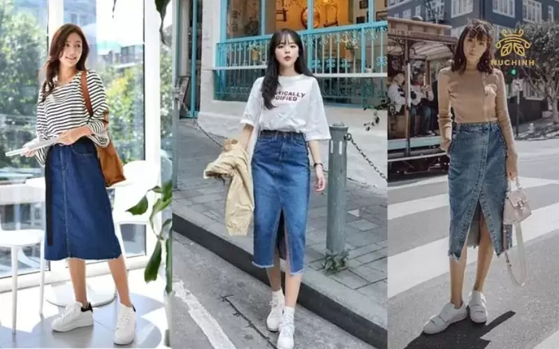 Chân váy jean dài phối với áo gì