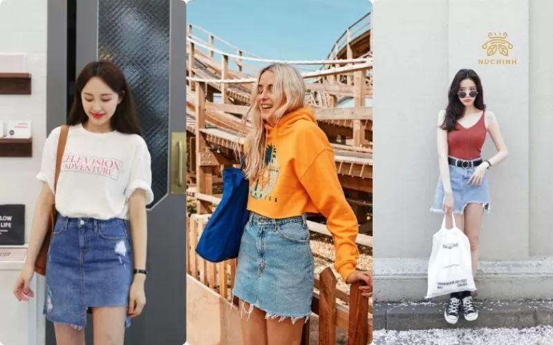 chân váy jean phối với áo gì