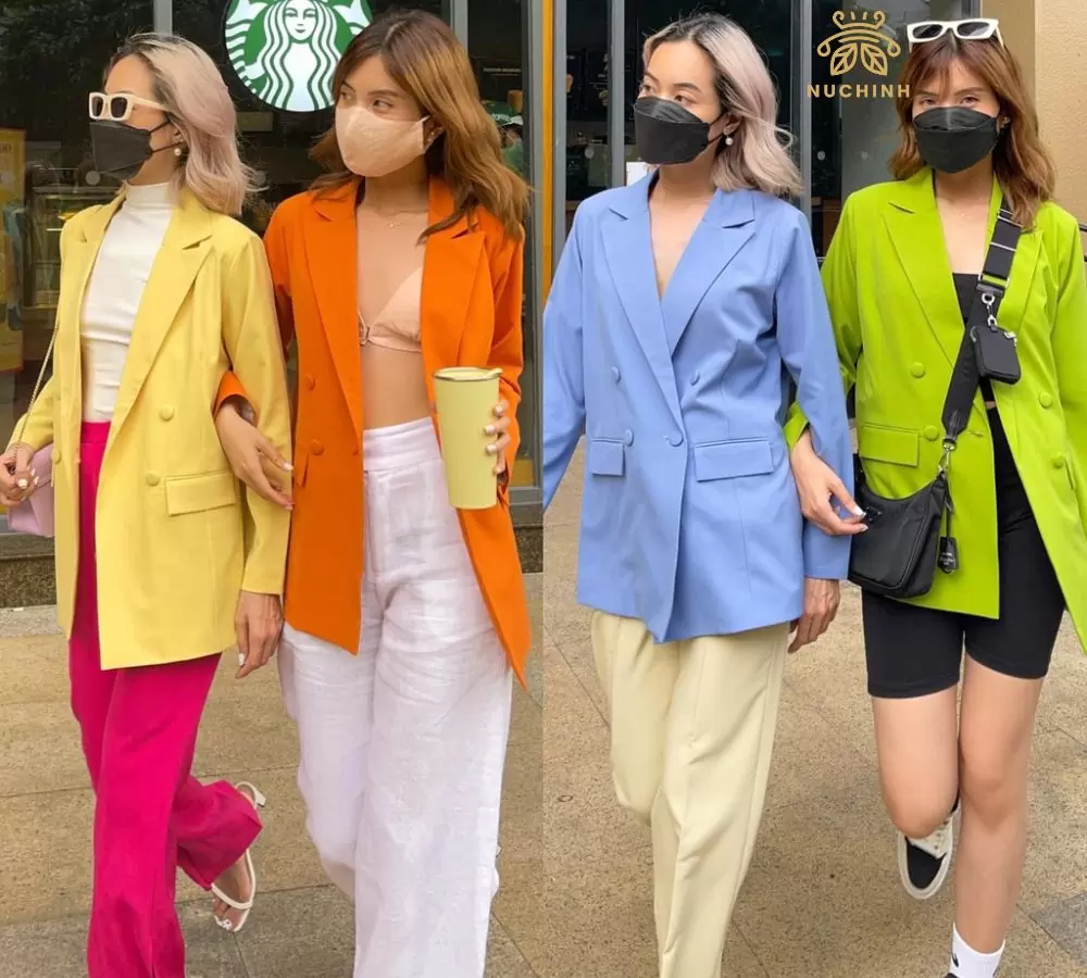 phối áo blazer với quần ống rộng