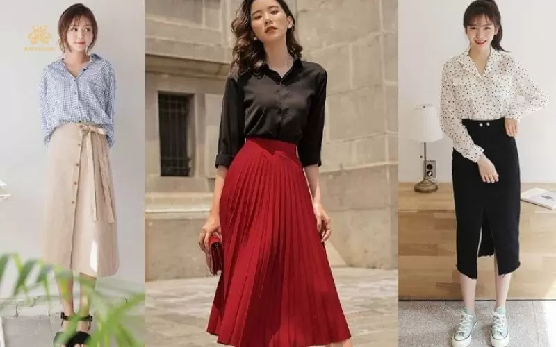cách phối đồ với chân váy dài qua gối