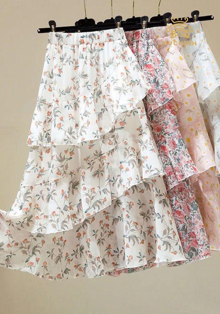 Set đồ nữ áo phông chữ mix chân váy hoa dài 2 lớp Áo cotton tàu