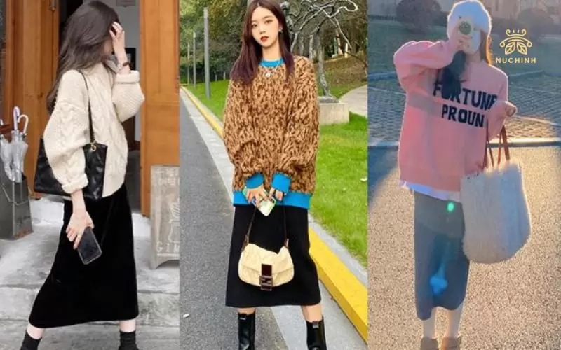 phối áo len với chân váy