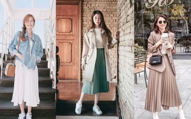 váy xếp ly dài phối với áo gì