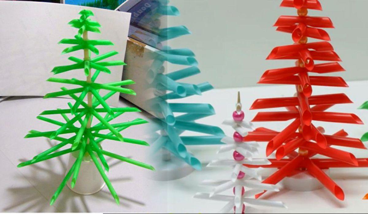 Cách làm cây thông Noel bằng dây kim tuyến và ống hút