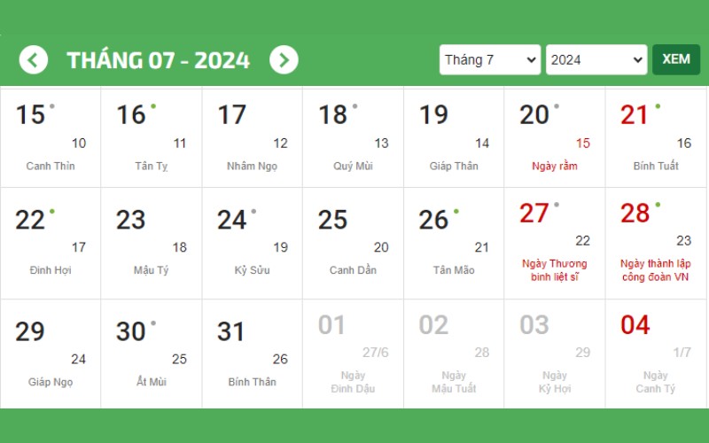 Lịch hớt tóc tháng 7/2024